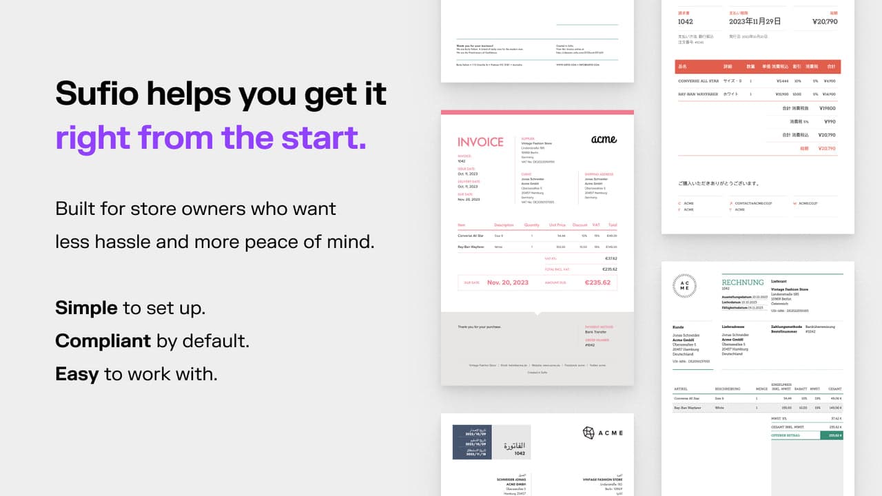 Sufio creating tax-compliant invoices with VAT and sequential numbering.