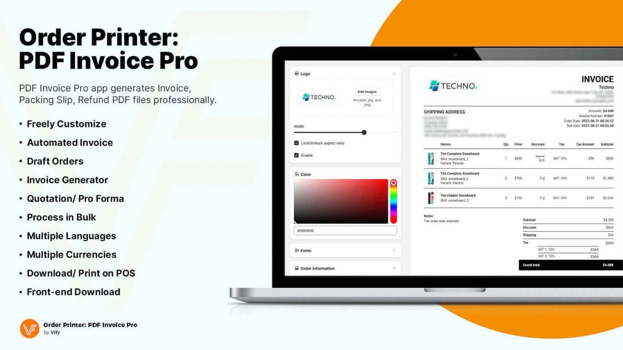 Vify Order Printer creating PDF invoices and receipts on a free plan.
