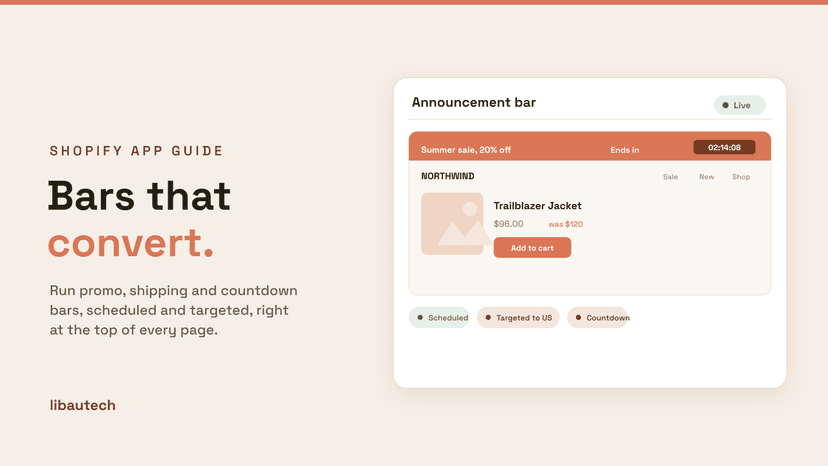 8 Best Shopify Banner Apps 2026: a storefront with a terracotta announcement bar showing a summer sale, a countdown timer, and scheduling and targeting chips.