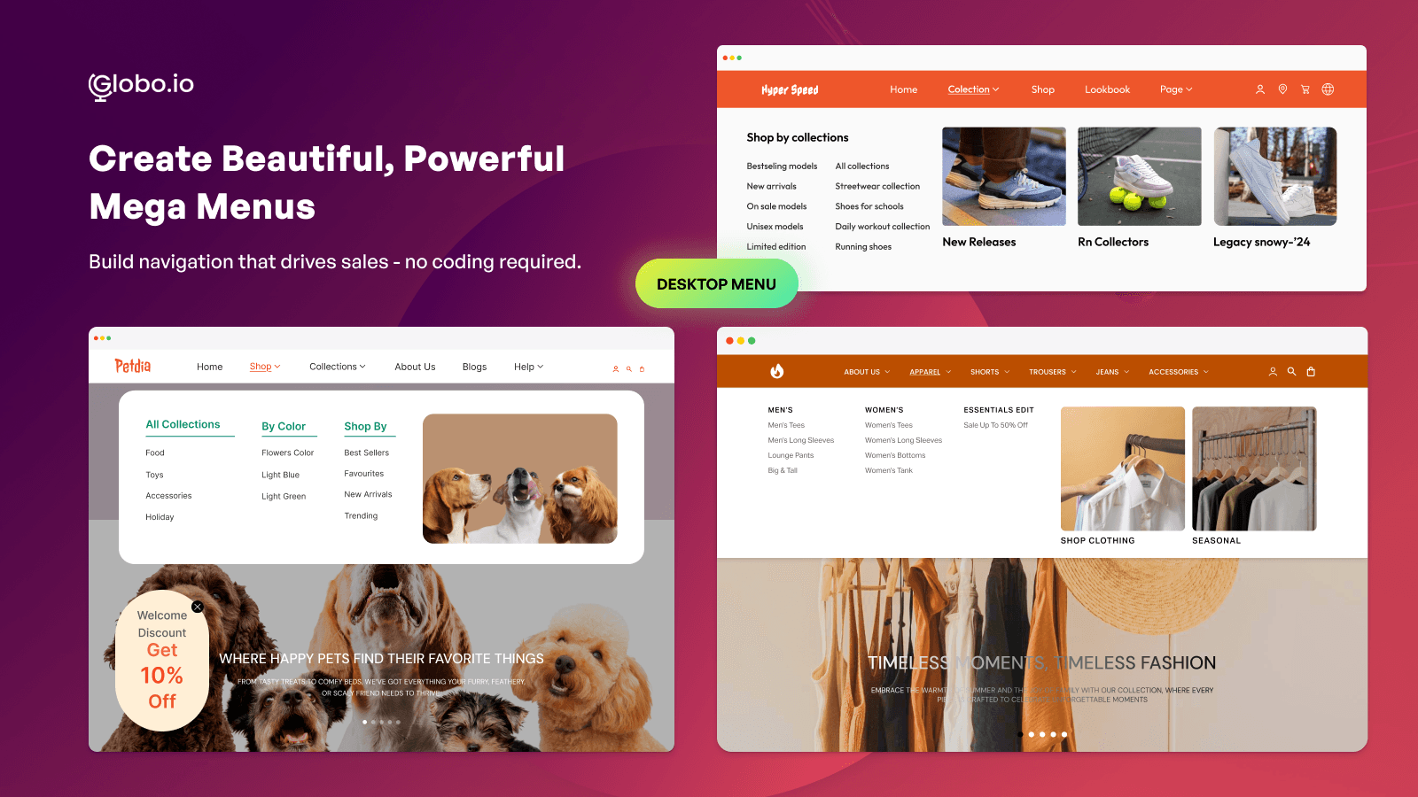 Globo Mega Menu shown on its Shopify App Store listing.