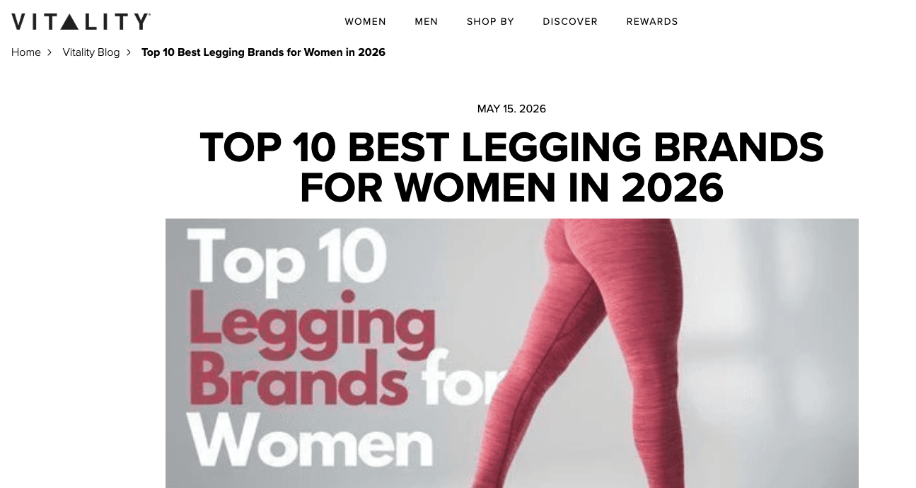 A Top 10 Best Legging Brands for Women blog post on a brand's own site.