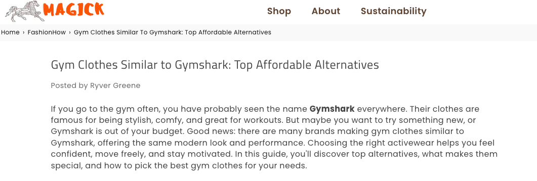 A Gym Clothes Similar to Gymshark Top Affordable Alternatives blog post on a brand's own site.