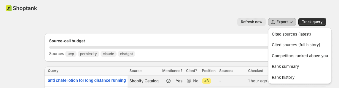 Shoptank export menu showing Cited sources, Competitors ranked above you, Rank summary and Rank history options.