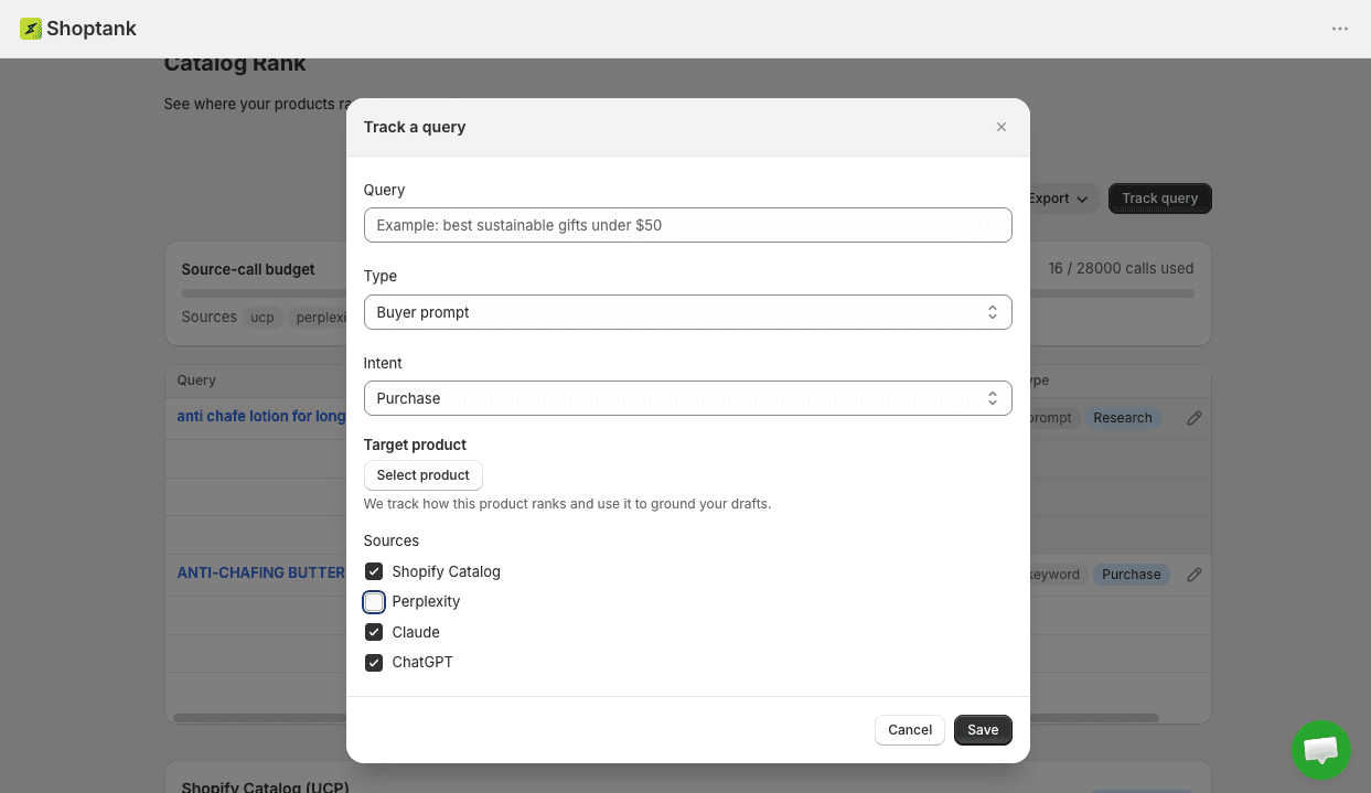 Shoptank Track a query dialog with type set to Buyer prompt, intent Purchase, and ChatGPT, Claude and Perplexity selected as sources.