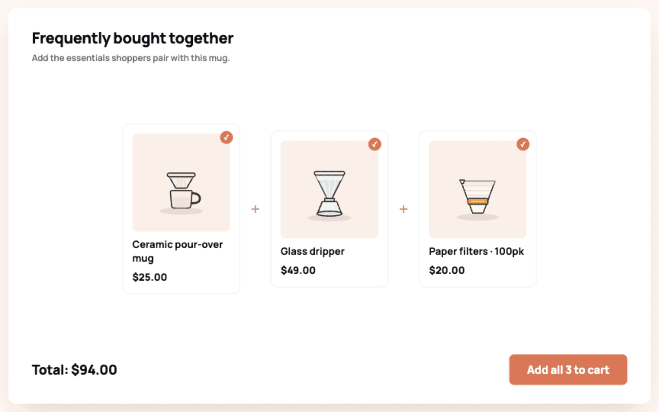 A frequently bought together offer on a Shopify product page, adding all three matching items to the cart in one click.