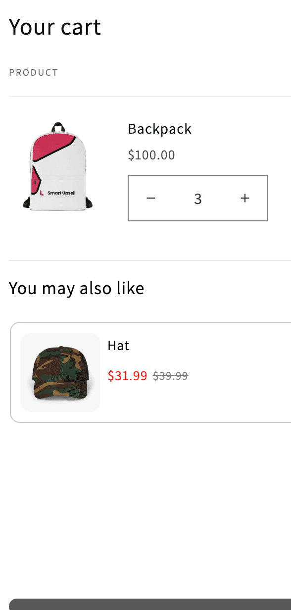 A live Shopify cart drawer with a You may also like upsell: a Hat offered at $31.99, down from $39.99, beneath a Backpack already in the cart.