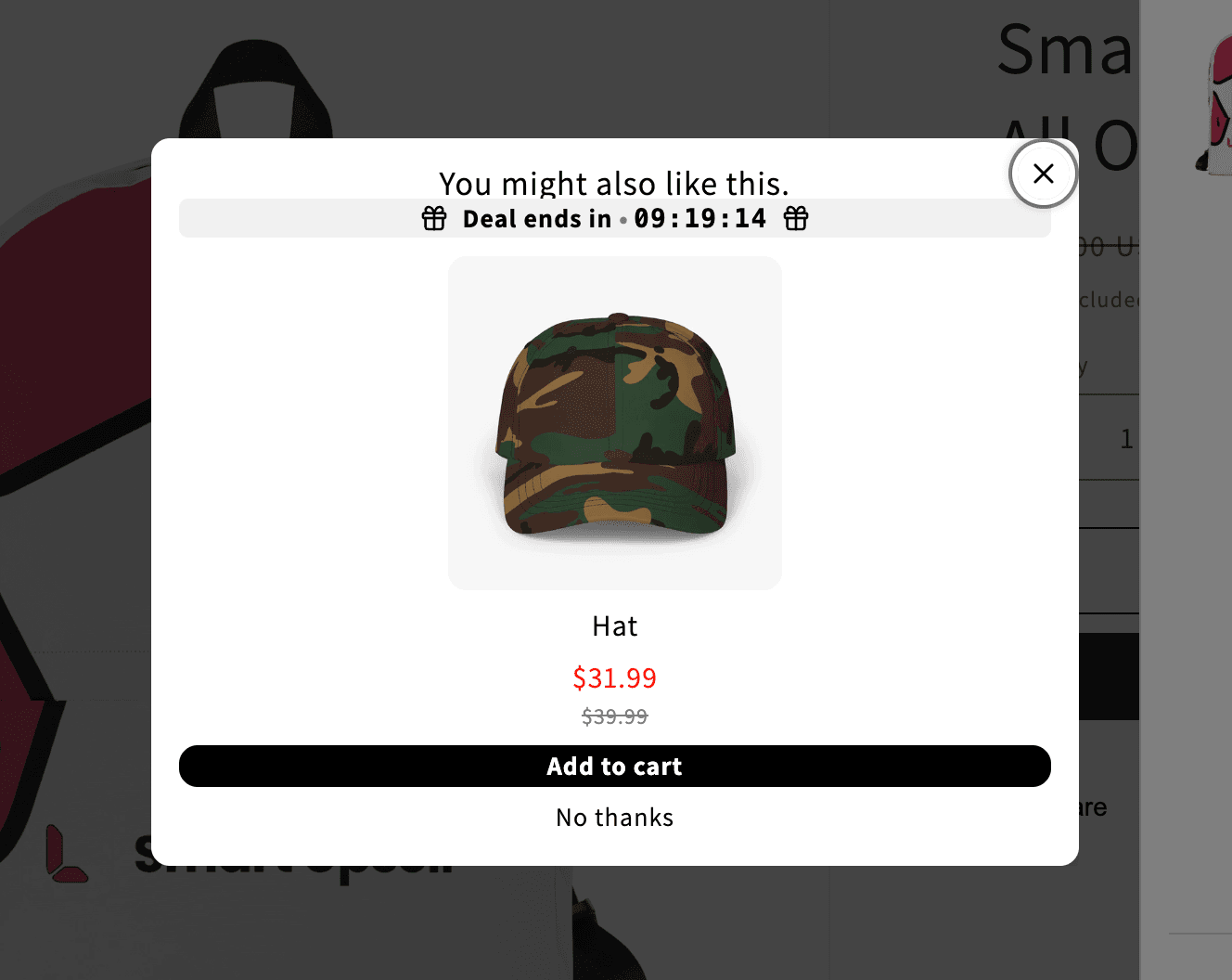A cart popup upsell offering a discounted product with a countdown timer.