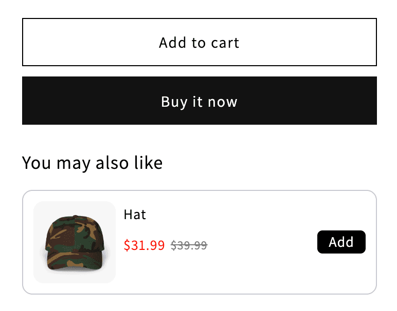 A live You may also like upsell under the Add to cart button, offering a discounted Hat.