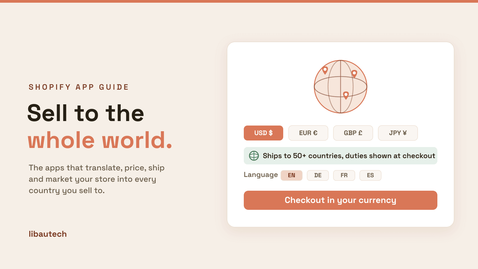 A Shopify storefront selling internationally: a globe with location pins, a local-currency selector, a ships-to-50-countries line, and a language picker.