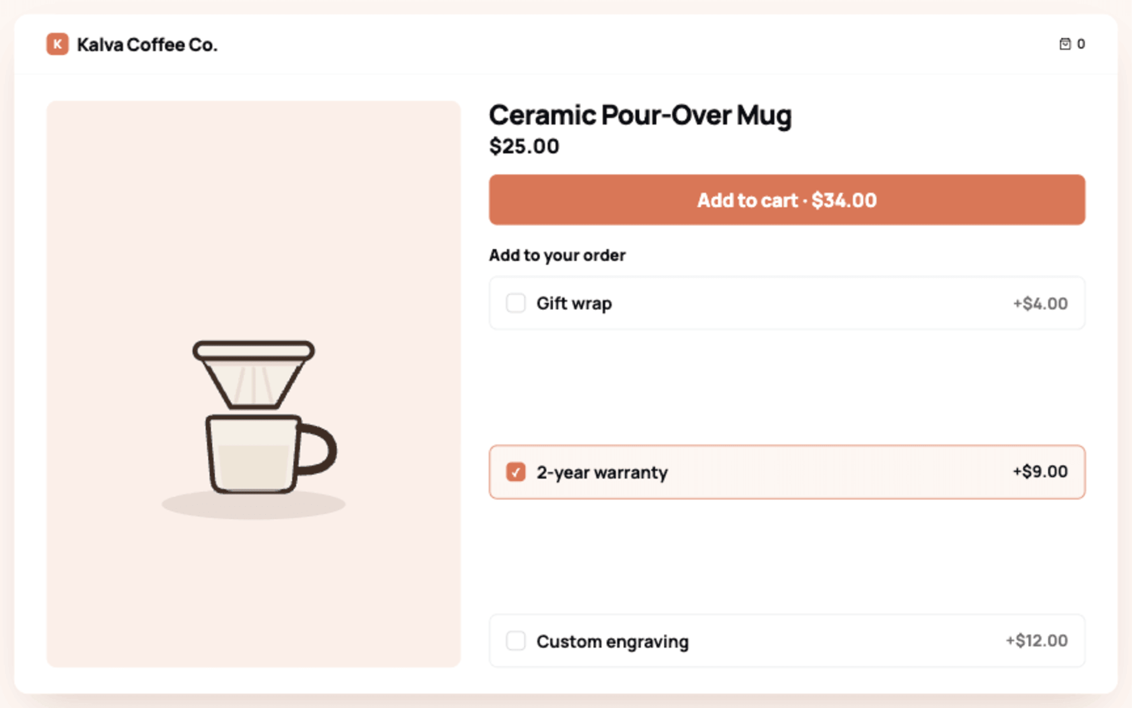 A Shopify product page with an upsell to add gift wrap, a warranty or engraving to the order.