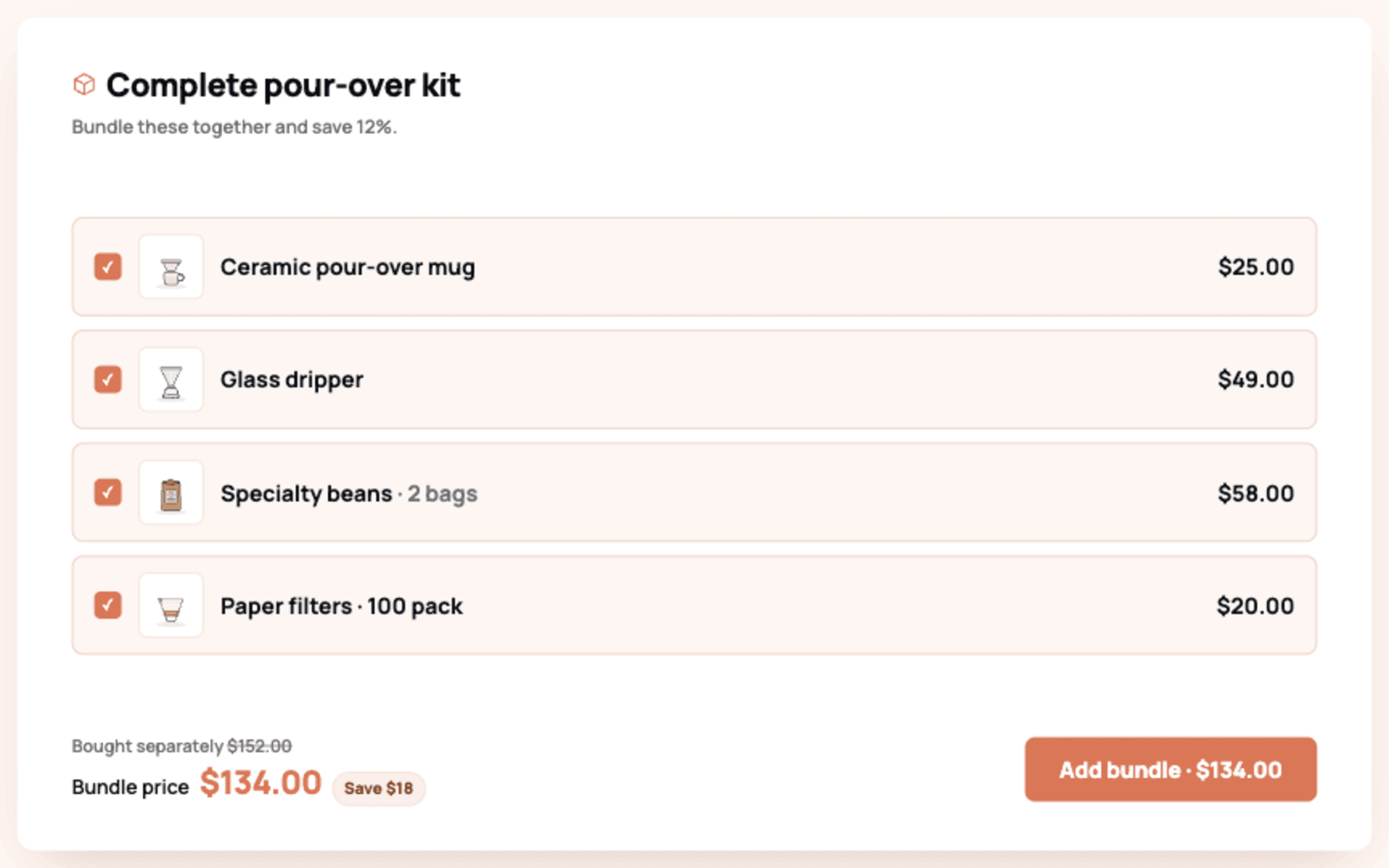 A Shopify product-page bundle, a Complete pour-over kit, with four items grouped and discounted to $134 behind one Add bundle button.