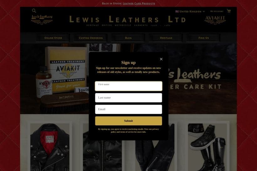 Lewis Leathers storefront, a client of Upment