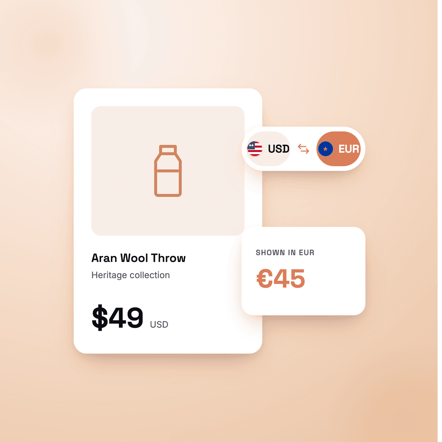 A product card priced at $49 USD with a currency switcher showing the same price as EUR 45 for a EUR shopper.