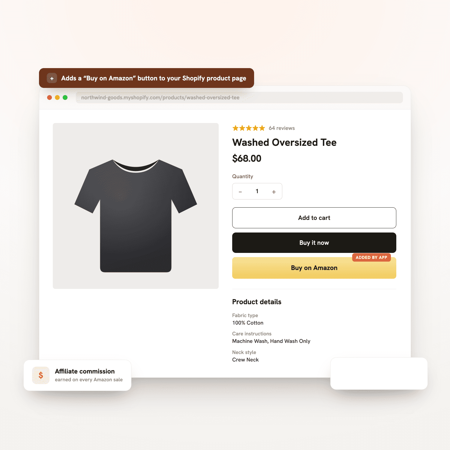A Shopify product page for a washed oversized tee, with a yellow Buy on Amazon button added by the app below Add to cart and Buy it now.