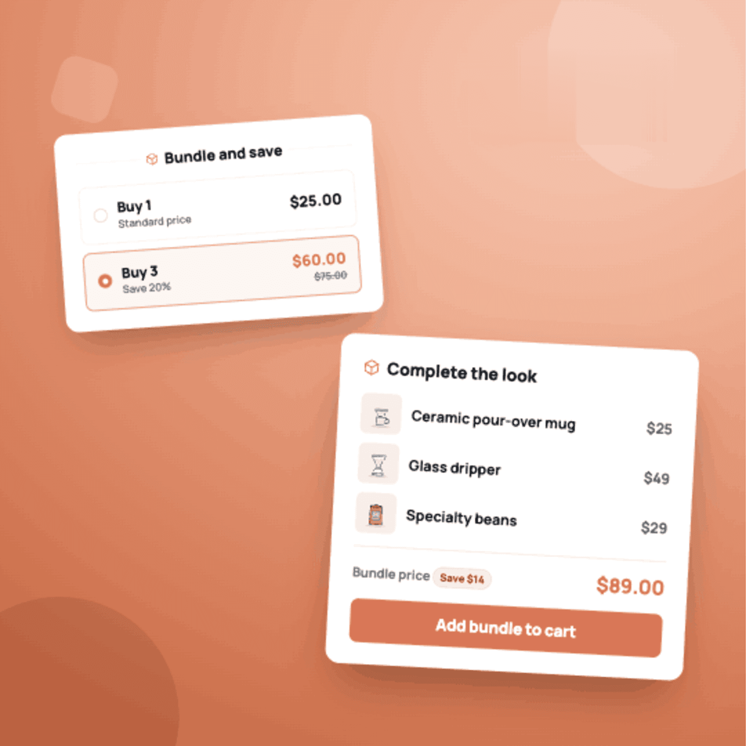 Bundle and volume discount offers shown on a product page: a Buy 1 / Buy 3 tier selector, and a Complete the look bundle adding three items to the cart in one click.