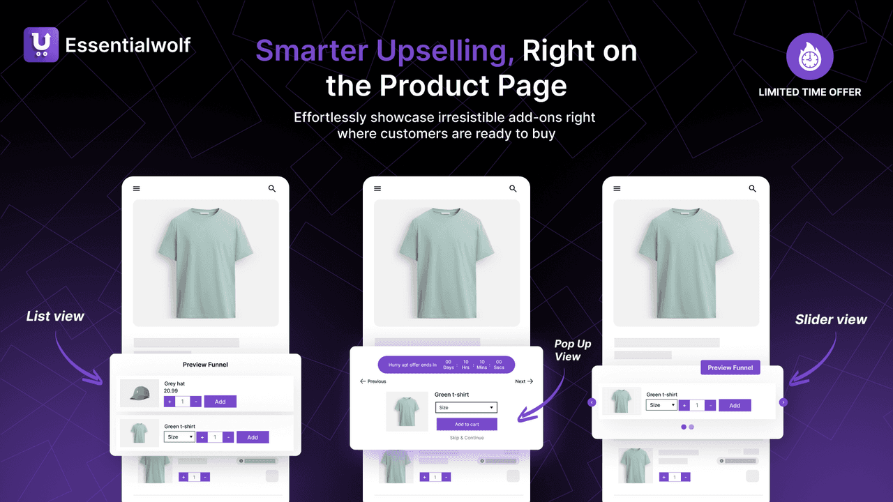 Upsell App by Essentialwolf building an upsell funnel across product, cart and checkout.