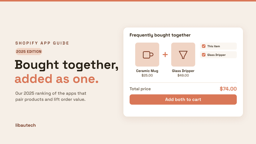 A 2025 edition Shopify frequently bought together widget pairing a Ceramic Mug and Glass Dripper for $74 with an Add both to cart button.