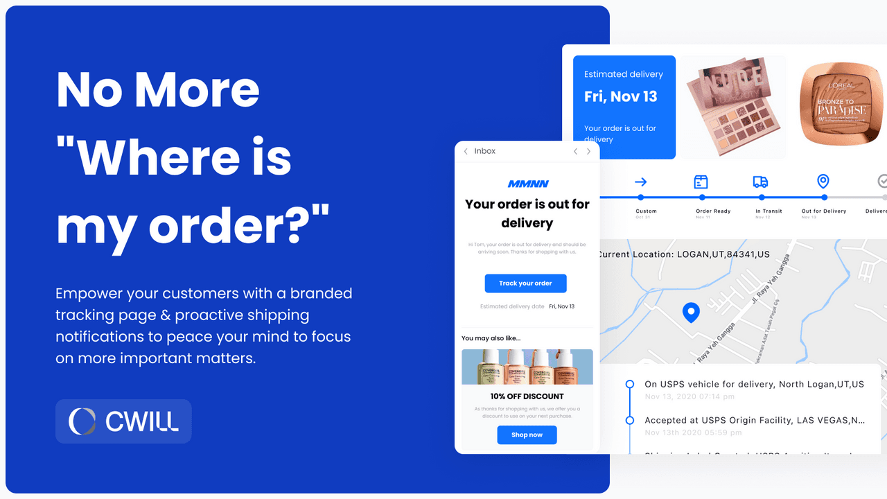 Parcel Panel (CWILL) showing a branded order tracking page.