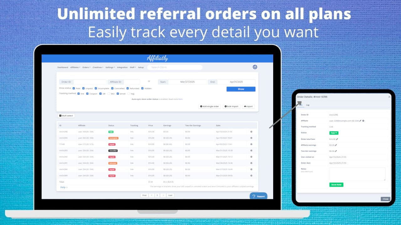 Affiliatly simple affiliate tracking with links and coupon codes.