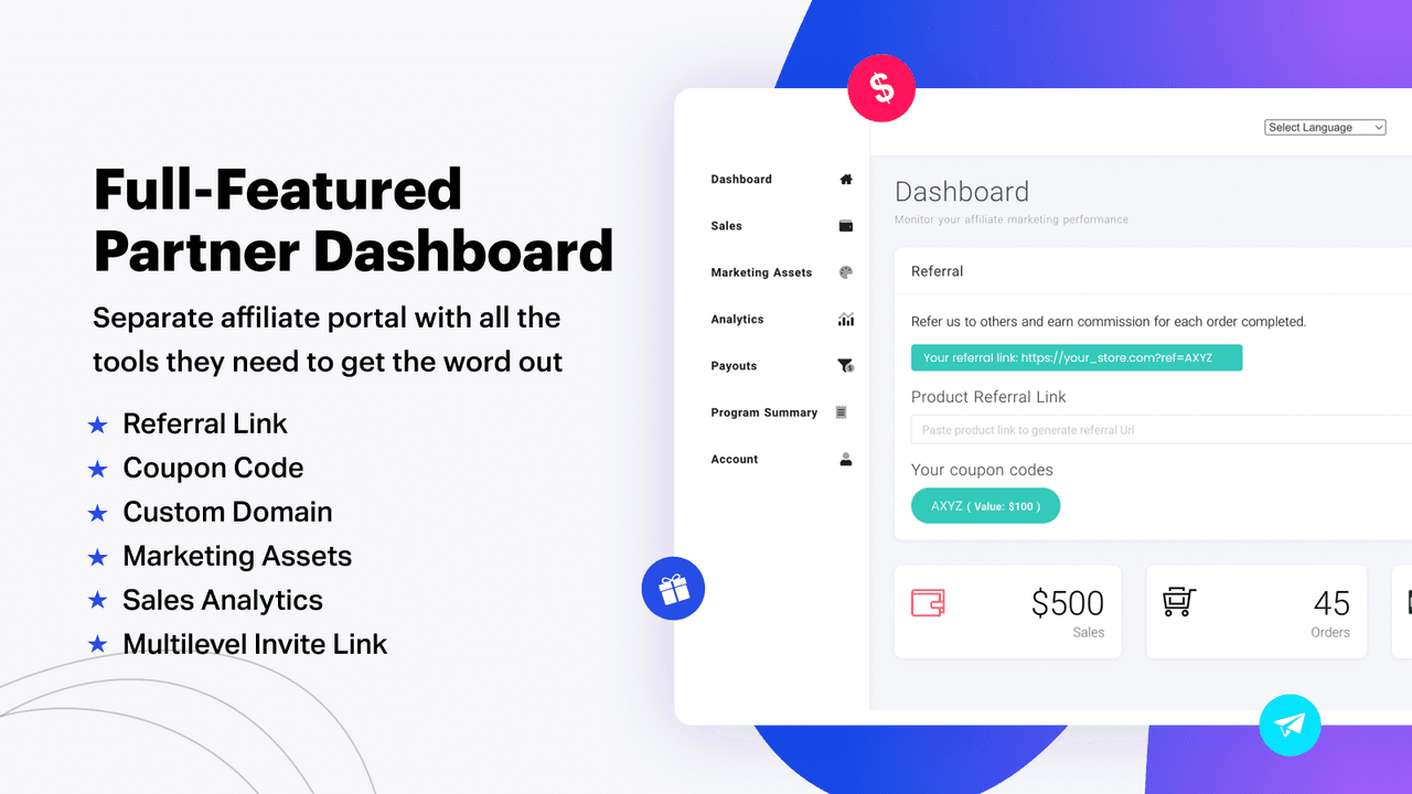 ReferrLy affiliate and referral marketing with a clean dashboard.