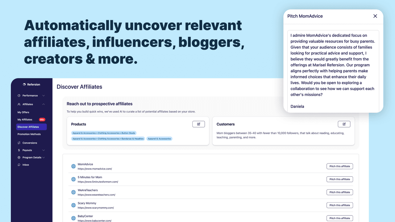 Refersion affiliate tracking and partner network for established brands.