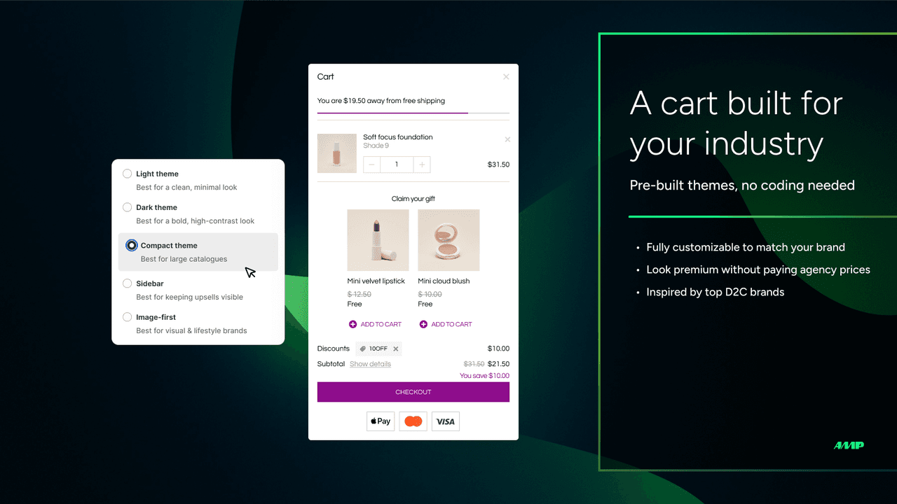 Amp slide cart focused on speed with upsells and a progress bar.