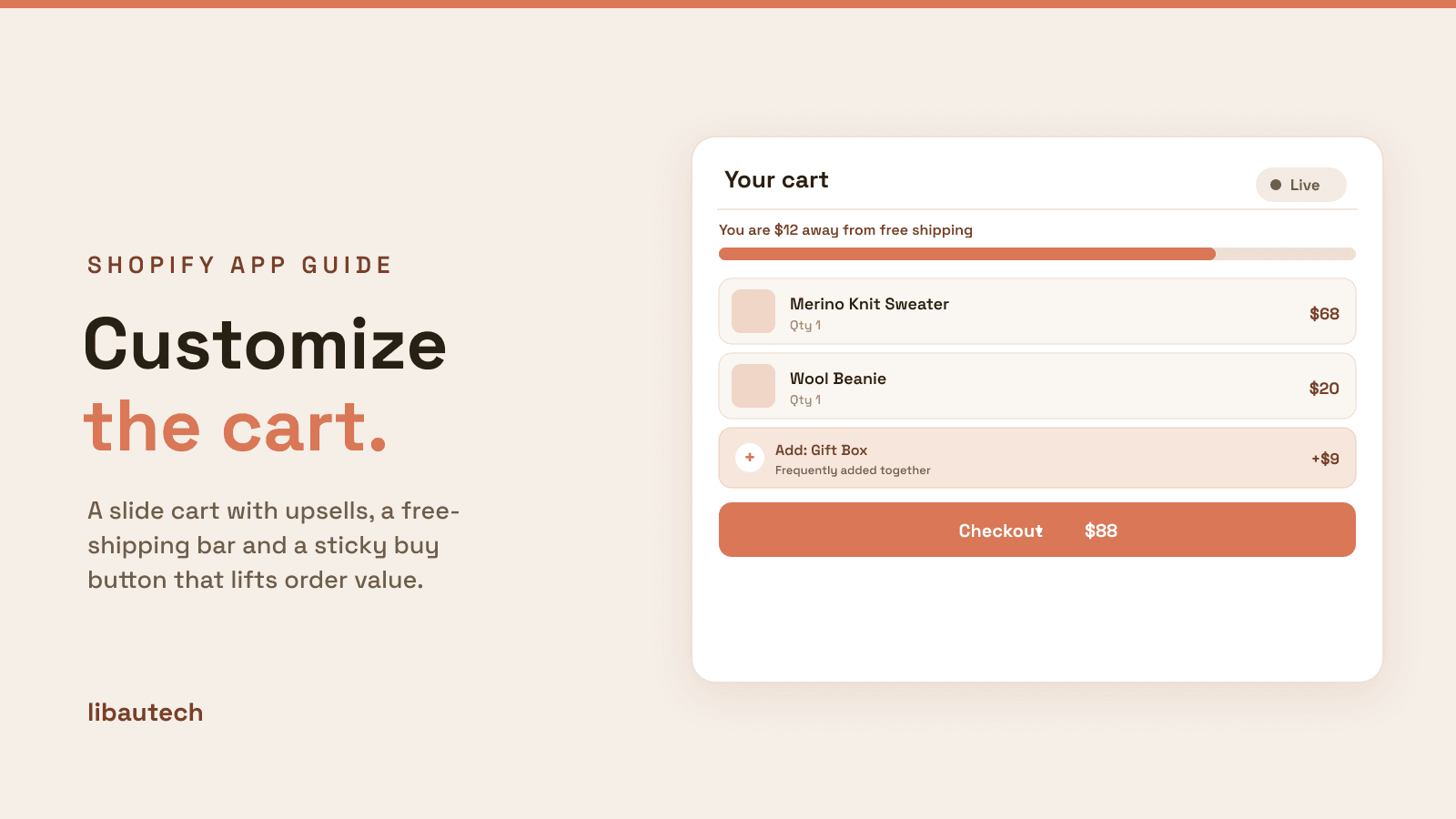 8 Best Shopify Cart Customization Apps 2026: a slide cart drawer with a free-shipping progress bar, items, an upsell and a checkout button.