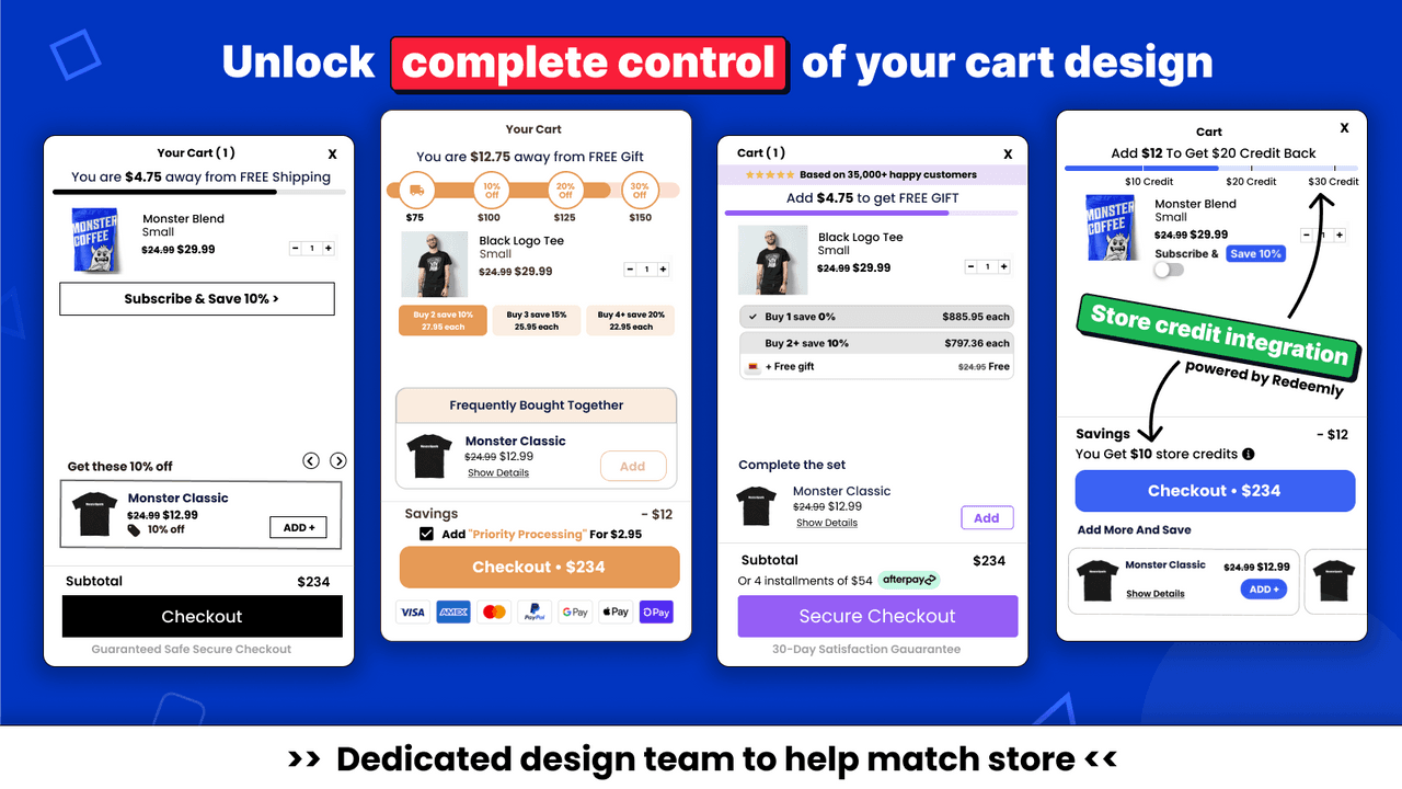 Monster CartDrawer showing gamified rewards and a progress bar in the cart.