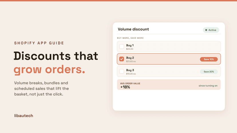 8 Best Shopify Discount Apps 2026: a volume discount tier selector with buy-more-save-more pricing and average order value lift.