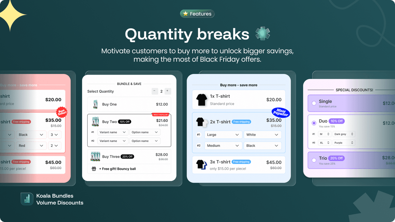 Koala bundles and volume discounts with product-page offers.