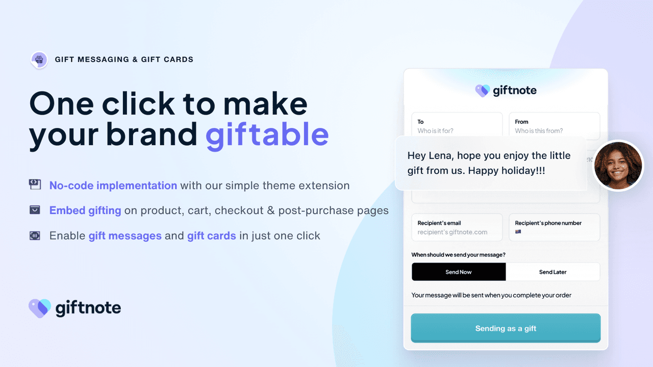 Giftnote digital gift cards with personal messages and scheduled delivery.