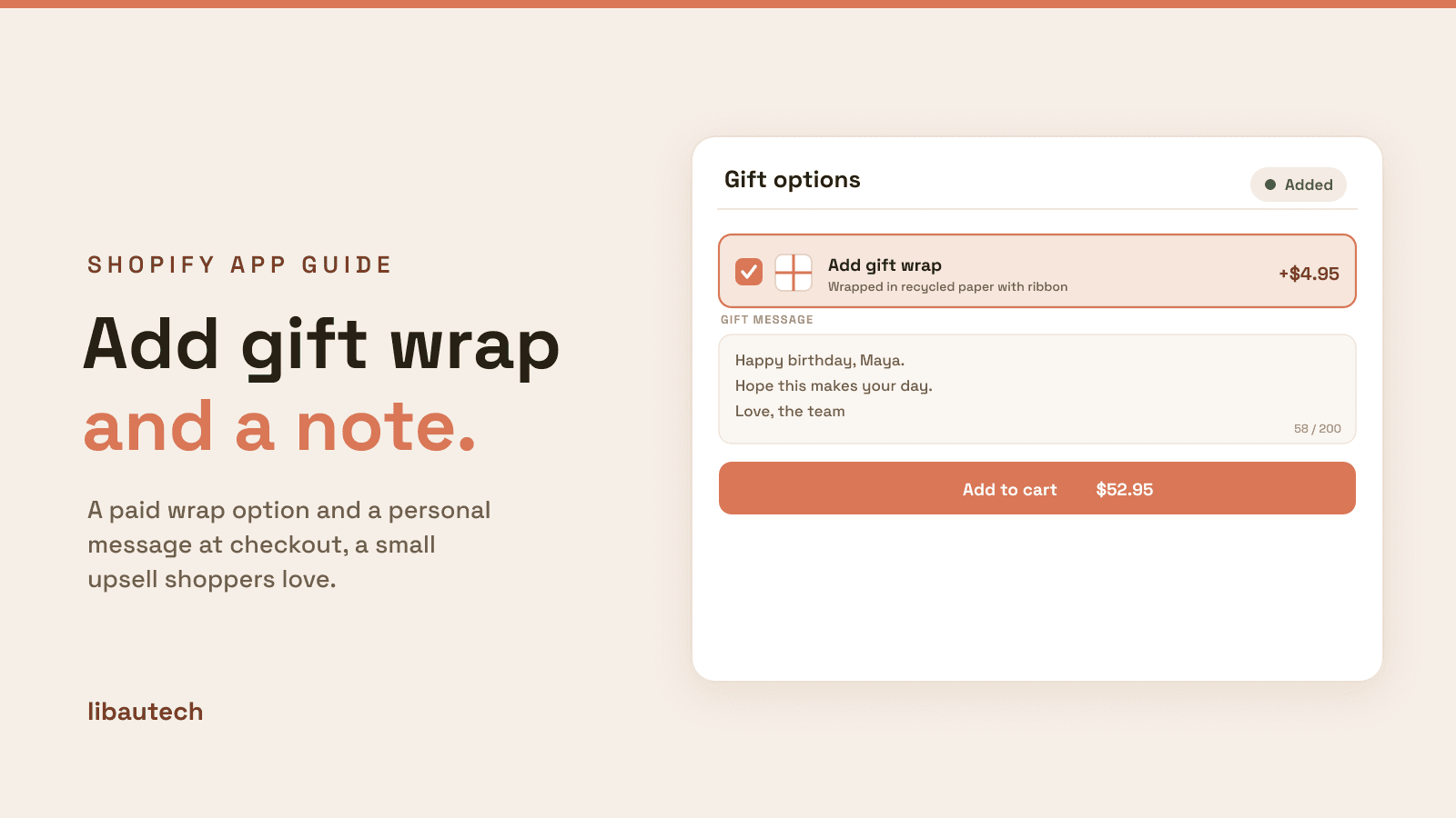 8 Best Shopify Gift Wrap and Message Apps 2026: a product gift options panel with an add-gift-wrap checkbox and a gift message field.