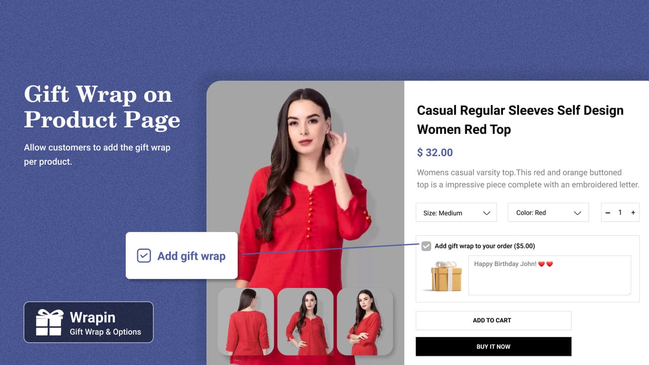 Wrapin paid gift wrap and gift message option at product and cart level.