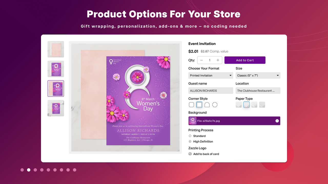 Globo Product Options showing custom fields and swatches on a product page.