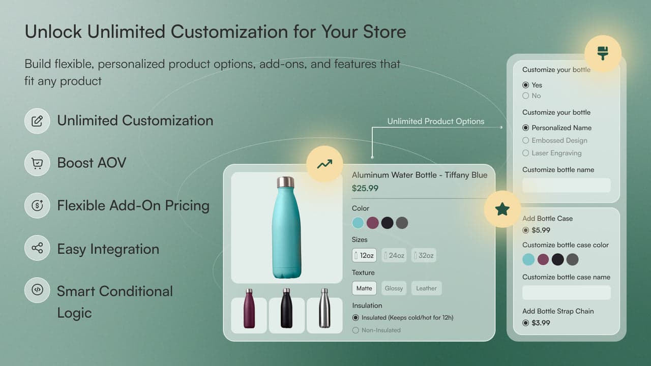 SC Product Options showing custom options and add-ons on a product page.