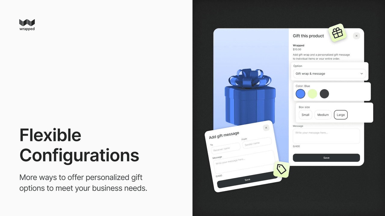 Wrapped showing a gift-wrap and gift-message add-on at checkout.