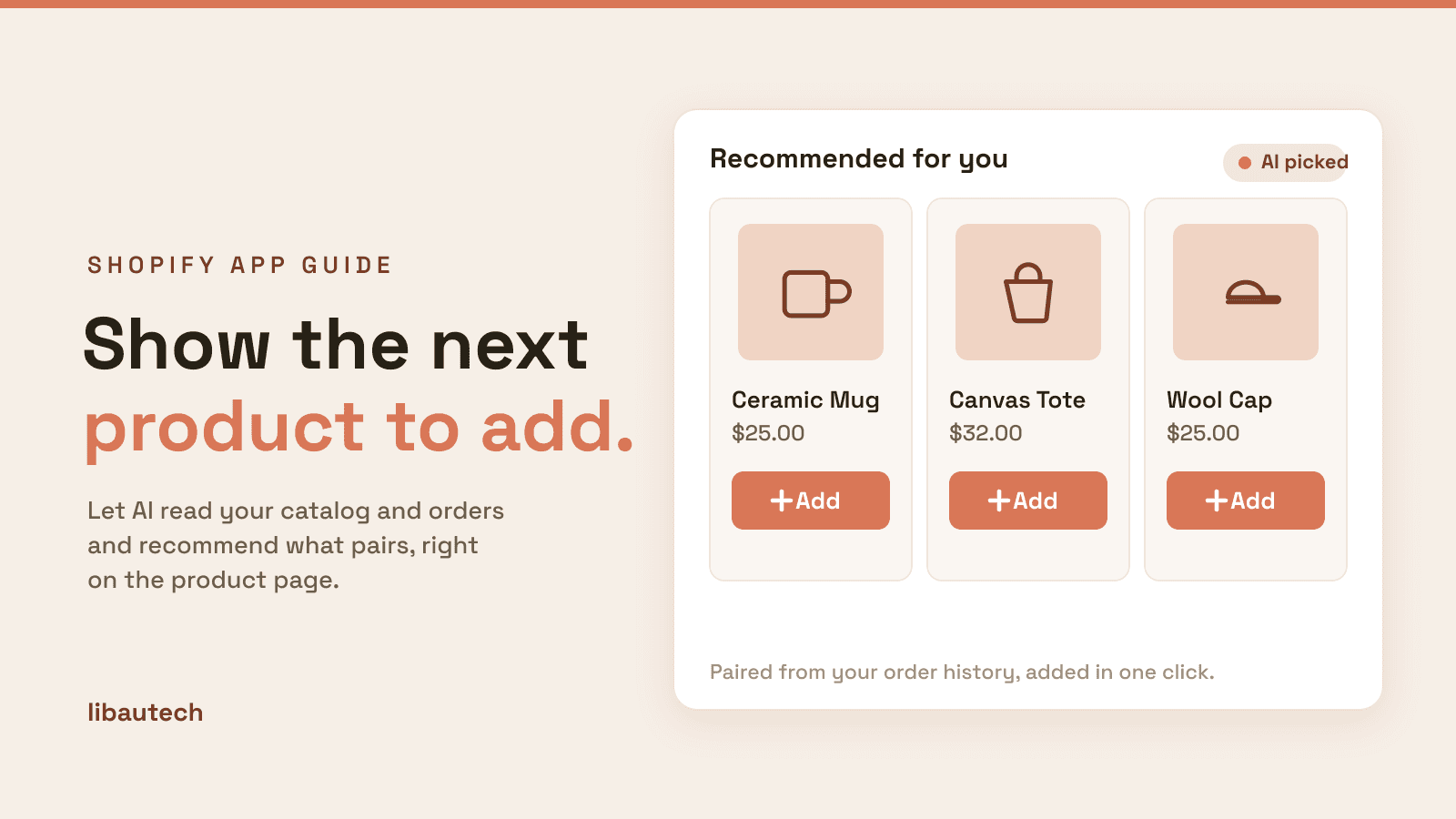 A Shopify product page recommendation widget titled Recommended for you, AI picked, offering a Ceramic Mug, Canvas Tote and Wool Cap each with an Add button.