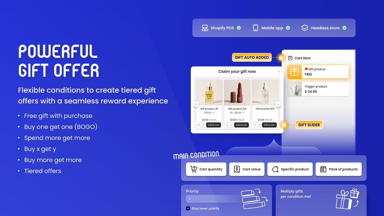 BOGOS Free Gift showing stackable gift and discount campaigns.