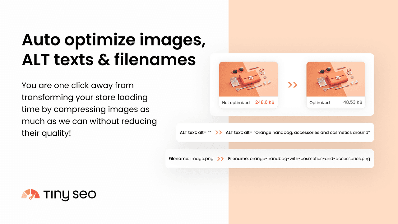 Tiny SEO Speed Image Optimizer showing image compression and SEO tools.