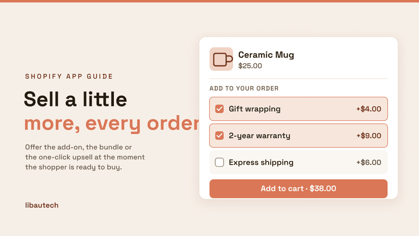 A Shopify product page with add-on upsells: gift wrapping, a two-year warranty and express shipping offered under the product, taking the order from $25 to $38.