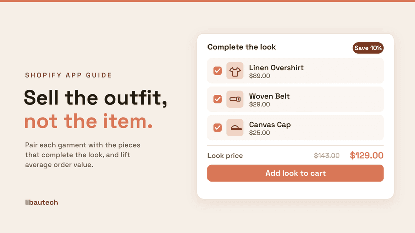 A Shopify complete-the-look offer pairing a Linen Overshirt with a Woven Belt and Canvas Cap for $129 instead of $143, with an Add look to cart button.
