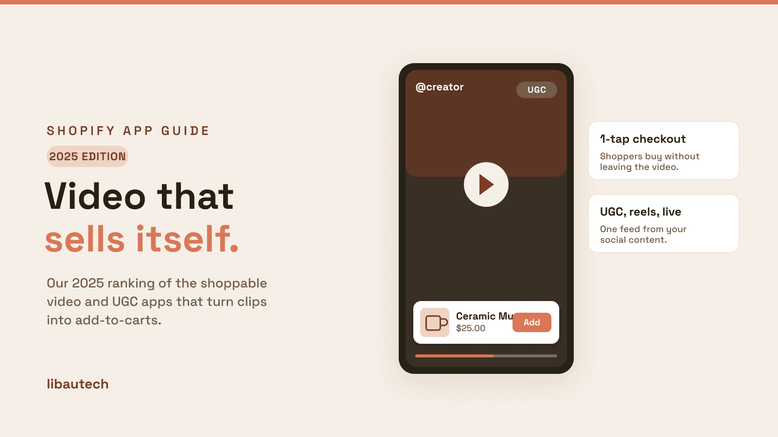 A 2025 edition shoppable video: a vertical video player with a tagged Ceramic Mug product card and an Add button, plus 1-tap checkout and UGC feature notes.