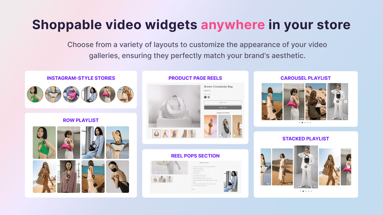 Reelfy showing Instagram-Reels-style shoppable videos on a storefront.