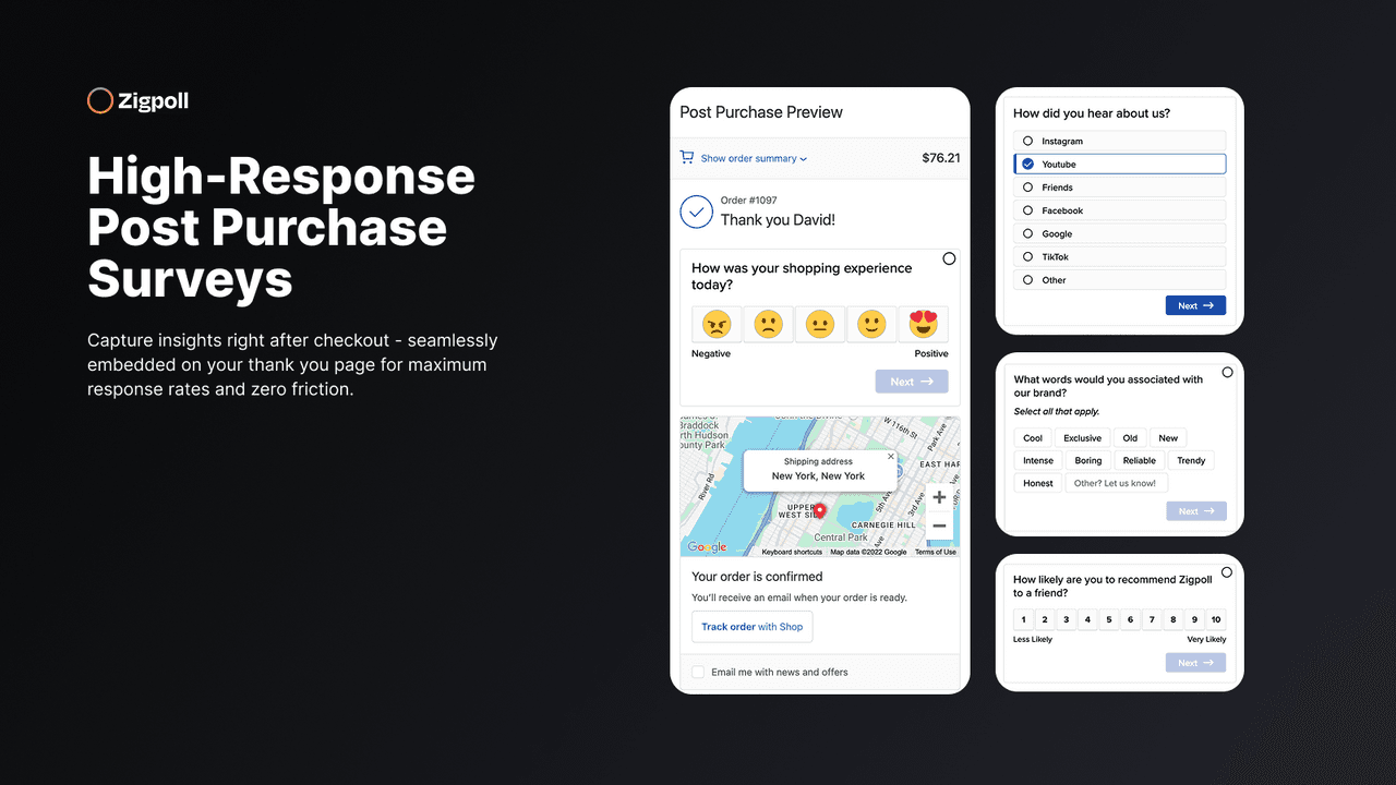 Zigpoll running post-purchase surveys and on-site polls.
