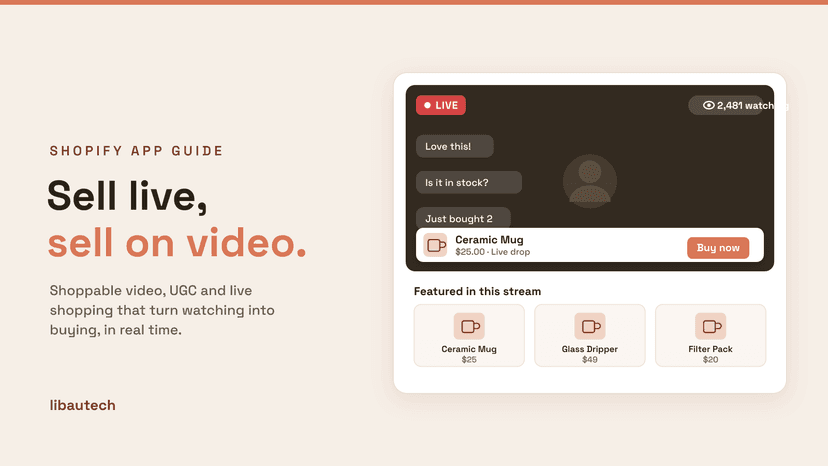A Shopify live shopping stream with a LIVE badge, 2,481 watching, live chat, a pinned Ceramic Mug product with a Buy now button, and a featured products row.