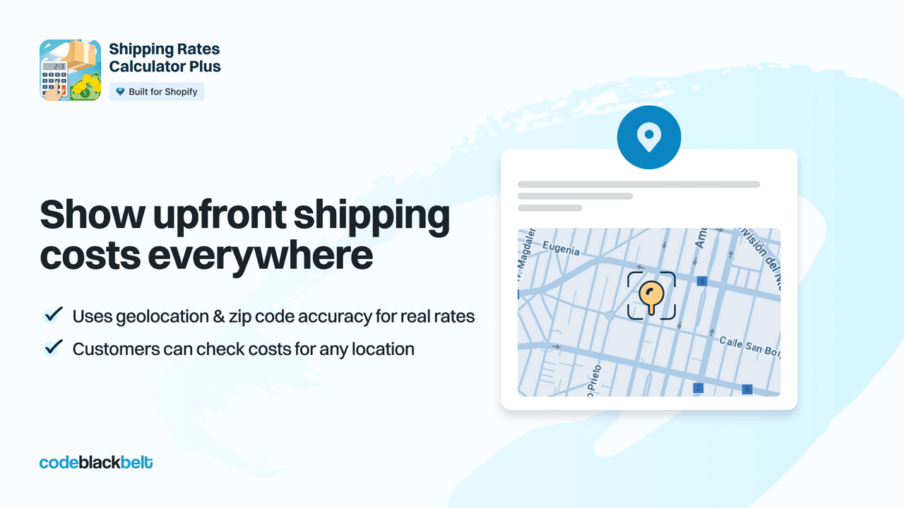 CBB Shipping Rates Calculator showing an in-cart shipping estimate and free-shipping bar.