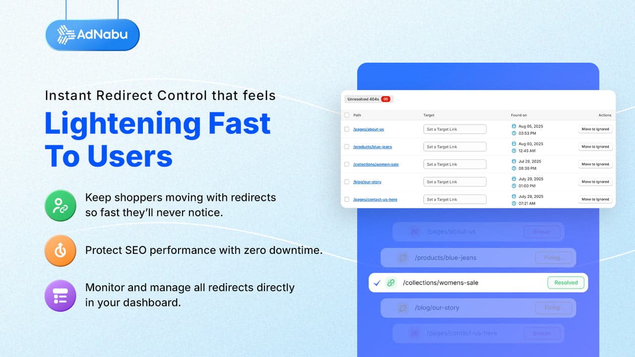 Nabu Redirect Manager showing bulk 404 and 301 redirect management.
