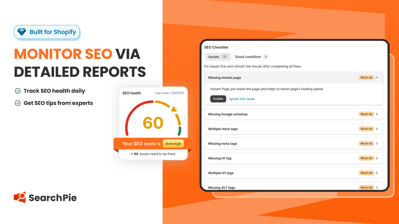 SearchPie showing a broad SEO, speed and schema suite.