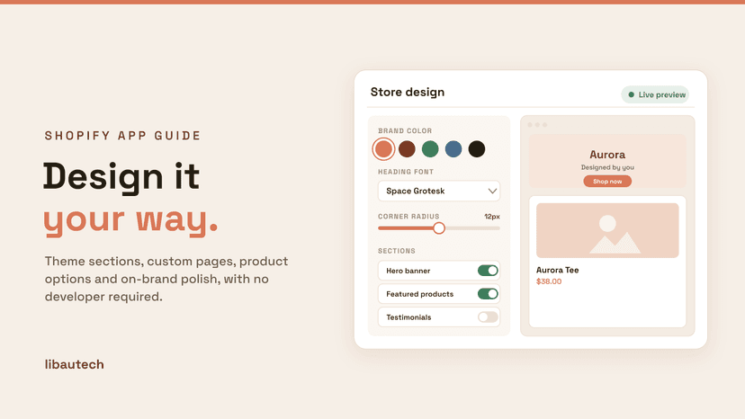 8 Best Shopify Design Customization Apps 2026: a store design panel with brand color swatches, a font selector, a corner-radius slider and section toggles beside a live storefront preview.