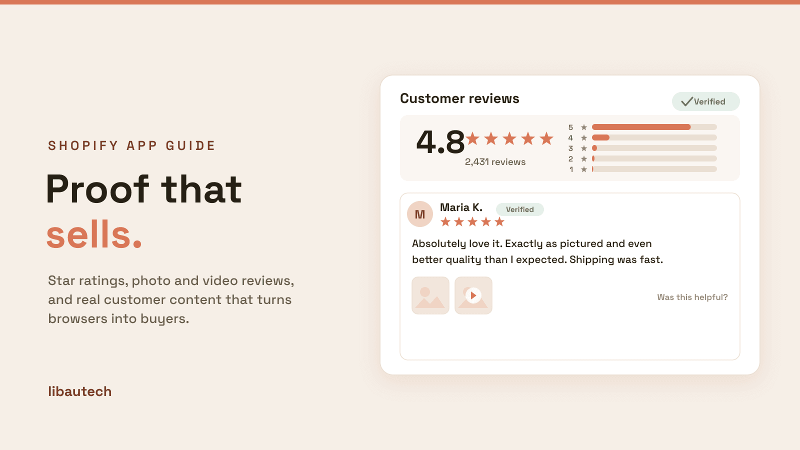 8 Best Shopify Product Review Apps 2026: a customer-reviews widget with a 4.8 rating, star distribution, and a verified review with photo and video.
